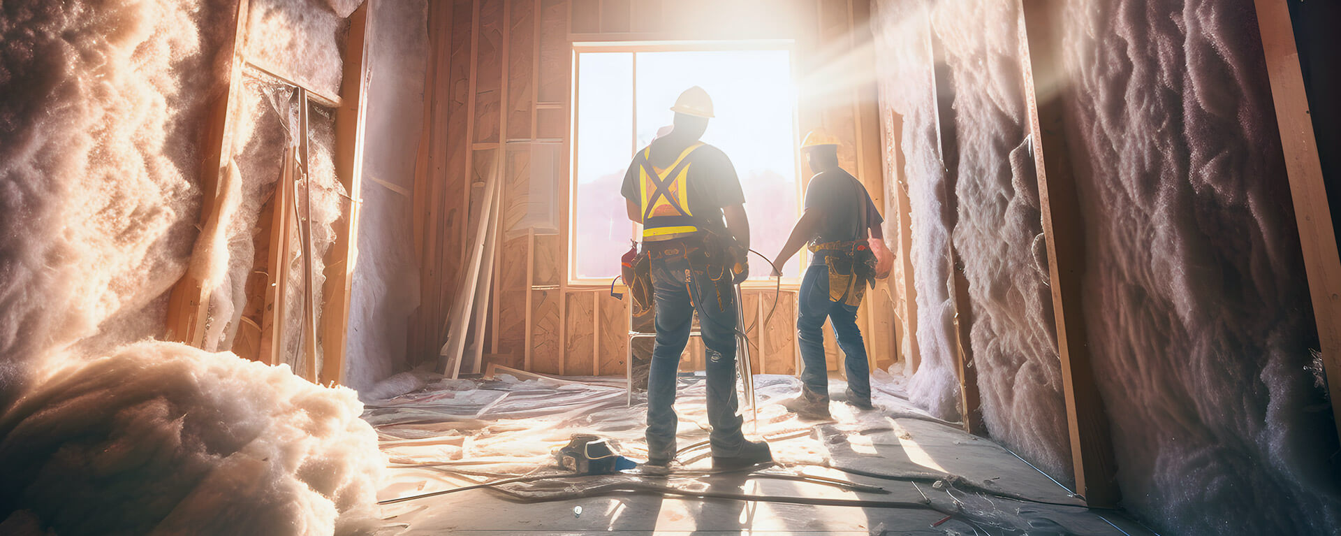 2 contractors standing in a building fiberglass insulation installed