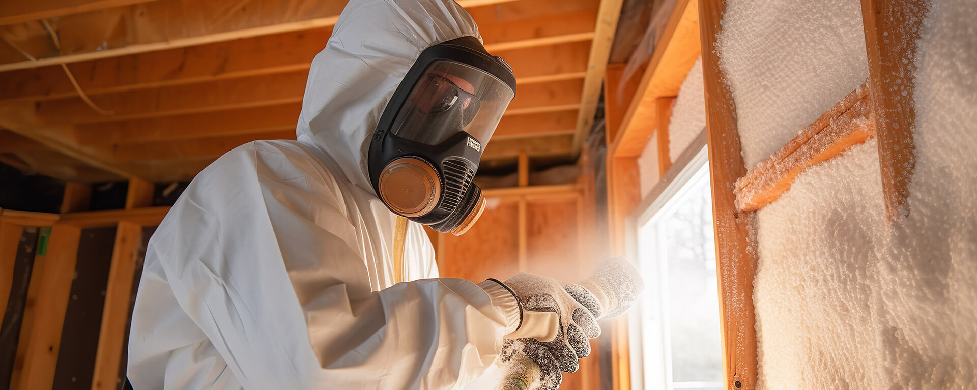 installer spraying foam insulation